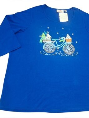 Women’s Quaker Factory Blue 3/4 Sleeve Top with Bicycle Graphic XL